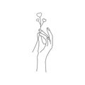 Hand with branch and hearts. Fashion illustration. Self care. Skin care