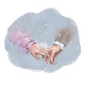 The hand of the bride and groom on a blue background, wedding illustration