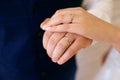 Hand of the bride and groom close-up, wedding rings, horizontal photo Royalty Free Stock Photo