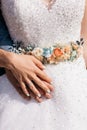hand of bride and groom during wedding ceremony Royalty Free Stock Photo