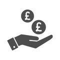 Hand and british pound coins dropping flat icon. Pounds coin and palm icon symbol. Royalty Free Stock Photo