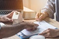 Hand of broker showing to client where to sign signature contract Royalty Free Stock Photo