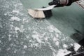 Hand broom sweeps the snow from the windshield of a car in winter, copy space