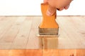 Hand with brush applying on wood table