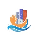 Hand and buildings logo