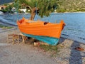 Small Wooden Greek Fishing Boat, Annual Repainting, Greece Royalty Free Stock Photo