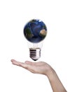 Hand and bulb with globe isolated on white background Royalty Free Stock Photo