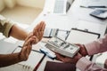 Hand of business man refuse receive money for taking bribe while making contract. bribery and corruption concept Royalty Free Stock Photo