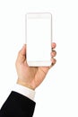 Hand of business man, wearing suit, holding smartphone with blank screen. Isolated on white background. Royalty Free Stock Photo