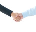 Hand of business man and woman hand shake metaphor cooperation a