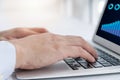 Hand of business people working on laptop computer on desk at home office, work from home, searching web, social network, online, Royalty Free Stock Photo