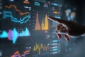 Hand of a business professional interacting with a digital financial dashboard displaying colorful graphs and data visualizations Royalty Free Stock Photo