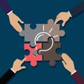 Hand of a business is sliding puzzle jigsaw. Composed as a light bulb. Teamwork concept. vector cartoon Royalty Free Stock Photo