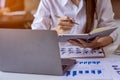 hand of business woman hold smartphone use analyzing and calculating the annual income Royalty Free Stock Photo