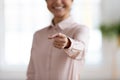 Hand of business woman pointing finger at camera Royalty Free Stock Photo