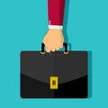 Hand of businessman holding briefcase. Flat Black business Briefcase. Vector Royalty Free Stock Photo