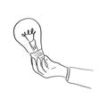 hand of businessman holding bulb light vector illustration sketch hand drawn with black lines isolated on white background Royalty Free Stock Photo
