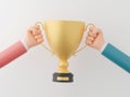 Hand of businessman holding golden trophy on white background, teamworking concept