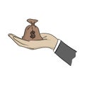 Hand of businessman holding money bag vector illustration with black lines isolated on white background Royalty Free Stock Photo
