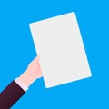 Hand of businessman holding white sheet of paper. empty list, placard, poste, clipboard for text. Vector illustration on blue Royalty Free Stock Photo