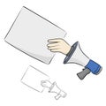Hand of businessman from megaphone holding blank paper vector illustration sketch doodle hand drawn isolated on white background Royalty Free Stock Photo