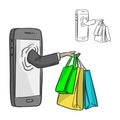 hand of businessman with shopping bags at smartphone screen vector illustration sketch doodle hand drawn with black lines isolate Royalty Free Stock Photo