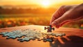 Hand of businesswoman connecting jigsaw puzzle pieces on wooden table