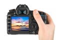 Hand with camera and beach landscape (my photo) Royalty Free Stock Photo