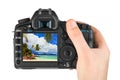 Hand with camera and beach landscape (my photo) Royalty Free Stock Photo