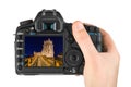 Hand with camera and Belem Tower - Lisbon Portugal my photo Royalty Free Stock Photo
