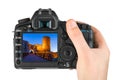 Hand with camera and Belgrade image my photo Royalty Free Stock Photo