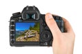 Hand with camera and River Tara canyon - Montenegro image my photo Royalty Free Stock Photo