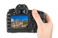 Hand with camera and Village Dinant in Belgium my photo