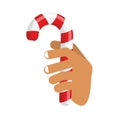 Hand and Candy Cane. Arm holding Christmas peppermint lollipop.