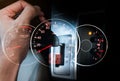 Hand with Car gear stic with speedmeter car dashboard Royalty Free Stock Photo