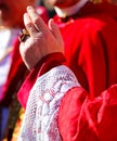 hand of the cardinal with red cassock during the blessing of the faithful at the end of the mass