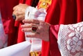 hand of the cardinal with a showy cassock ring with red ruby during the blessing of the faithful at the end of the mass Royalty Free Stock Photo