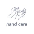 Hand care cream emblem with human hands hold moisturizer can icon concept isolated on white background.