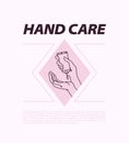 Hand care emblem with human hands hold moisturizer tube and extrude cream drop concept isolated on white background.