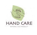 Hand care emblem with human hands icon and green leaf eco concept isolated on white textured background. Royalty Free Stock Photo