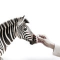 a hand caressing a zebra