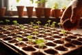 Hand caring for young tomato seedlings in plastic pots. Generative AI