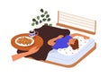 Hand carrying breakfast to sleeping woman in bed, serving with coffee cup, pancakes on tray. Asleep girl in morning and