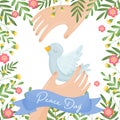 Hand Carrying Tenderly Pigeon And Olive Branches Framed The Card Boundries