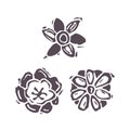 Hand carved bold block print flower icon clip art. Folk illustration design element. Modern boho decorative linocut