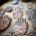 Hand carved wooden figurines are displayed on a table, AI