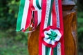 Hand carved wooden post with cockade in Memorial Park dedicated to heroes who died in Hungarian Revolution