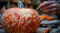 Hand carving intricate design on pumpkin with precise lines in well-lit workspace