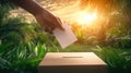 Hand casting vote into box amidst lush greenery at sunrise Royalty Free Stock Photo