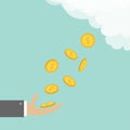 Hand catching golden coin. Money dollar sign falling down from cloud sky. Flat design style. Business support credit icon set. Whi